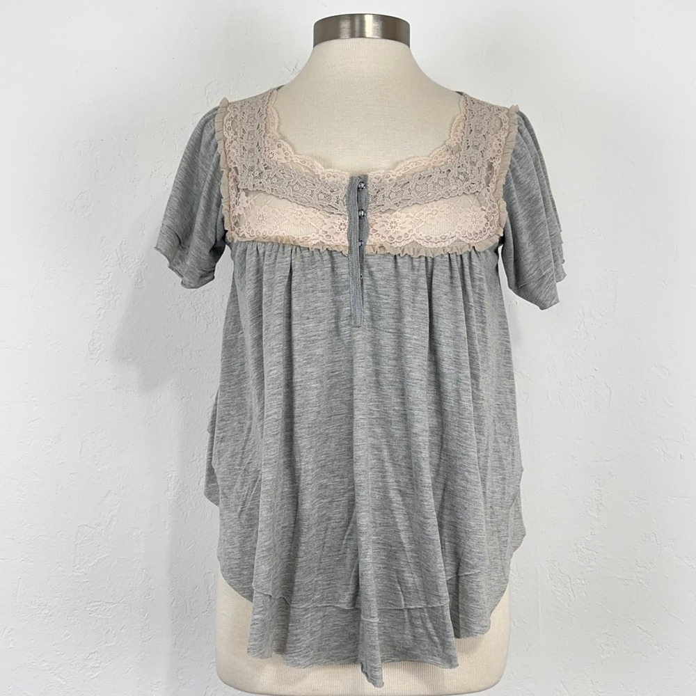 Free People Soft Girl Coquette Top Size Large Lace Accent Layered Flutter Sleeve